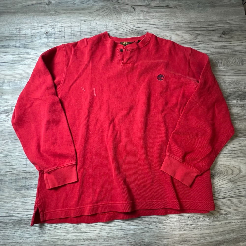 Timberland Henley Shirt Mens Large Red Long Sleeve Ribbed Cotton Vintage Logo